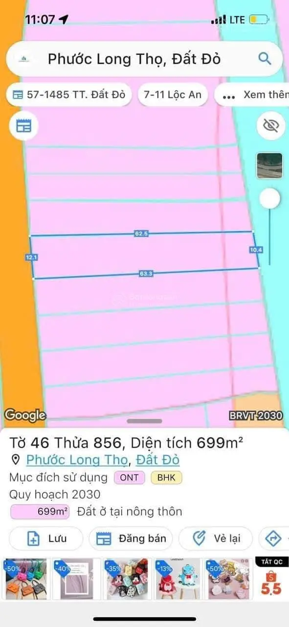 ĐẤT ĐƯỜNG NGUYỄN HUỆ GẦN QUỐC LỘ 55, CÁCH KCN ĐẤT ĐỎ 1KM 699M NGANG 10X70 THỔ CƯ 100