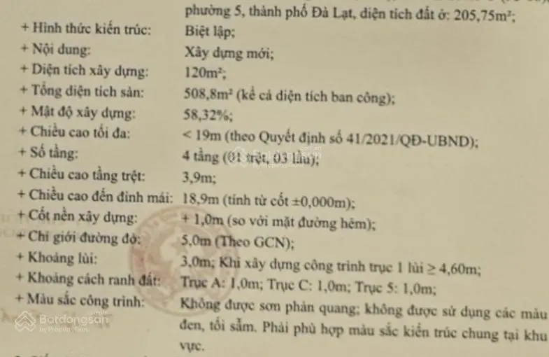 Đất biệt lập phường 5, Đà Lạt tặng GPXD 4 tầng