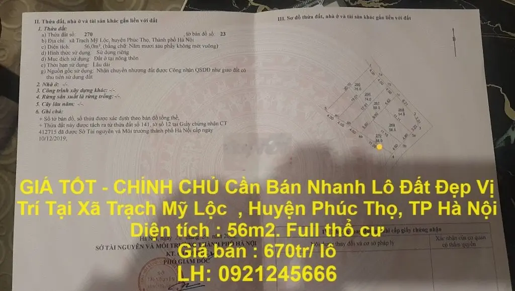 Cần Bán Nhanh Lô Đất Đẹp Vị Trí Tại Huyện Phúc Thọ, TP Hà Nội