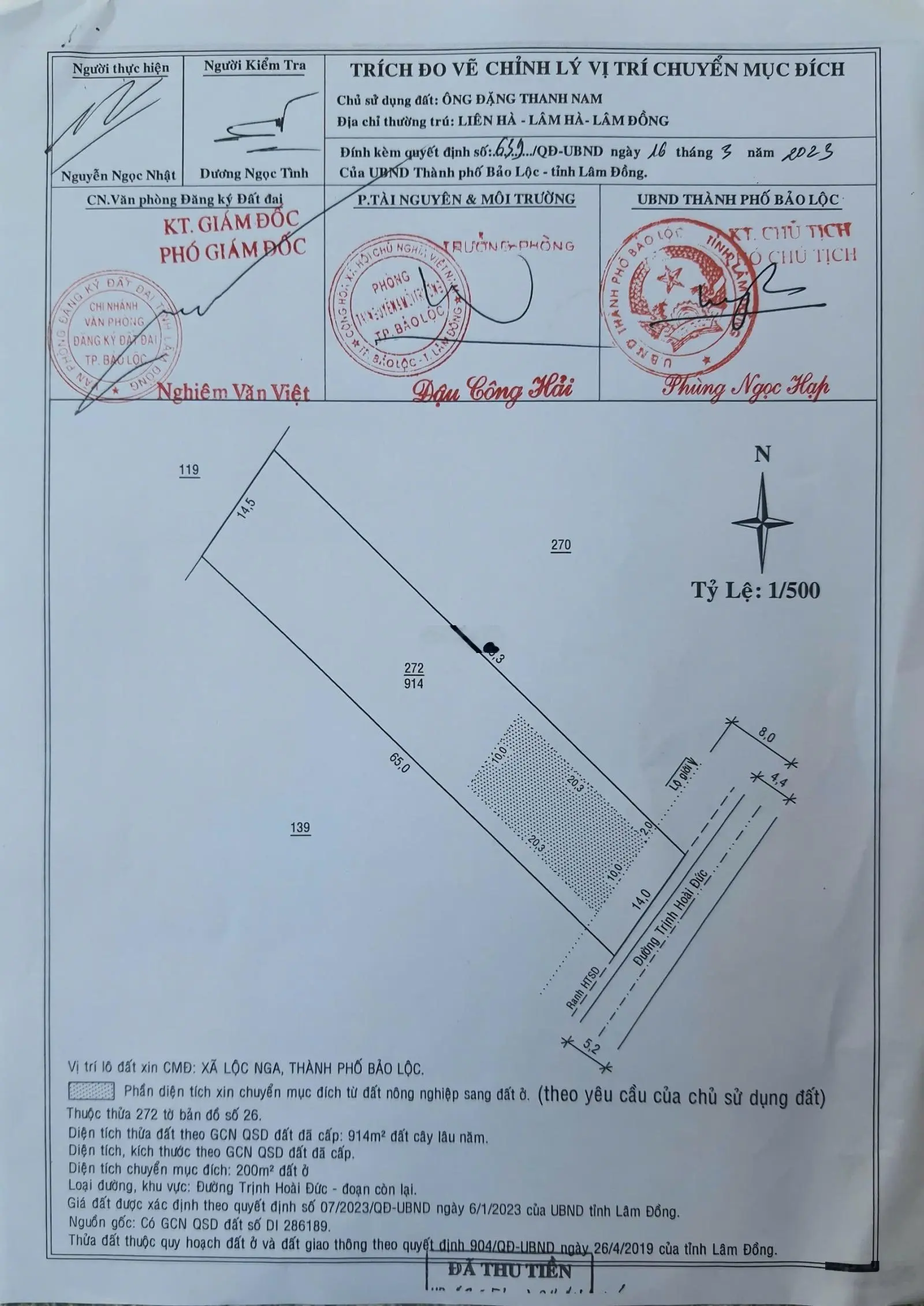 Chỉ 2,9 tỷ LÔ ĐẤT- TRỊNH HOÀI ĐỨC - TP BẢO LỘC - Diện tích : 914 m2 (14x65)(200m2 thổ cư)