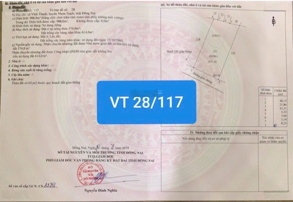 Chủ cần bán mảnh đất thổ vườn xã Vĩnh Thanh Nhơn Trạch. Đất sạch 988m2. Gần đường 25C