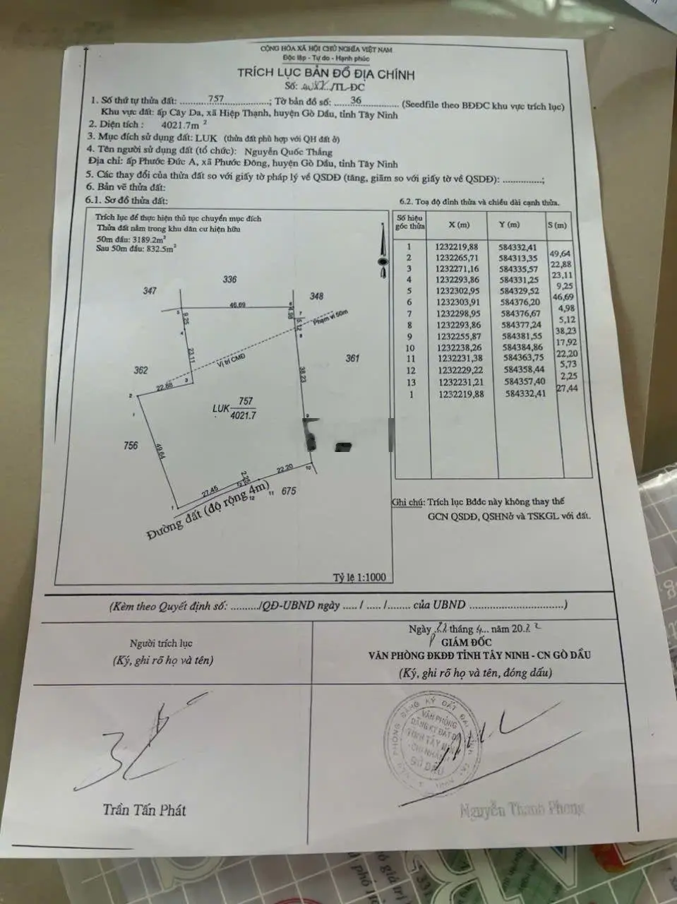 Bán gấp lô đất mặt tiền 144m. ĐC Ấp Cây Da, xã Hiệp Thạnh, Huyện Gò Dầu, tỉnh Tây Ninh