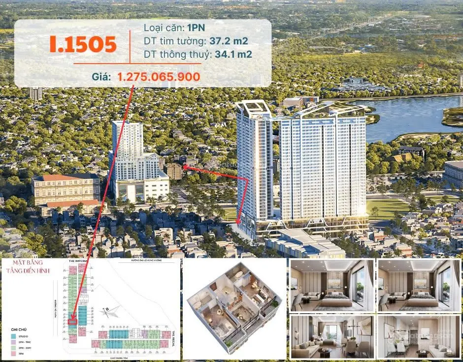 Giá tốt VIC Grand Square 34m2 1PN, tầng đẹp hướng mát giá 1,275 tỷ