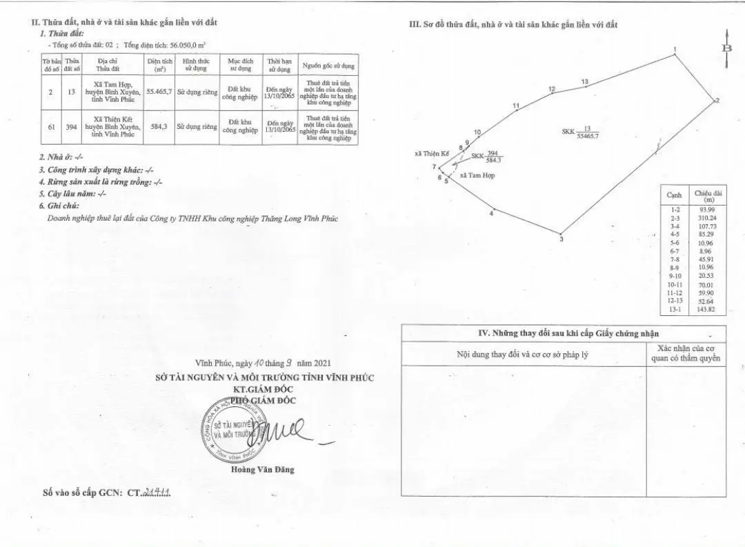 Bán kho doanh nghiệp 50 năm (sang nhượng) tại KCN Thăng Long 3 (5,55 ha)