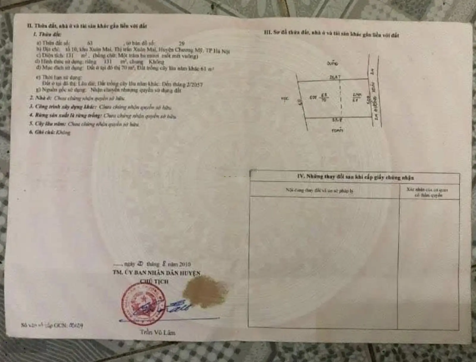 Bán đất ở Đô thị TT Xuân Mai diện tích 131m2 có 70m2 ODT Cách QL6 chỉ 200m, mặt tiền 5m giá 1,7 tỷ