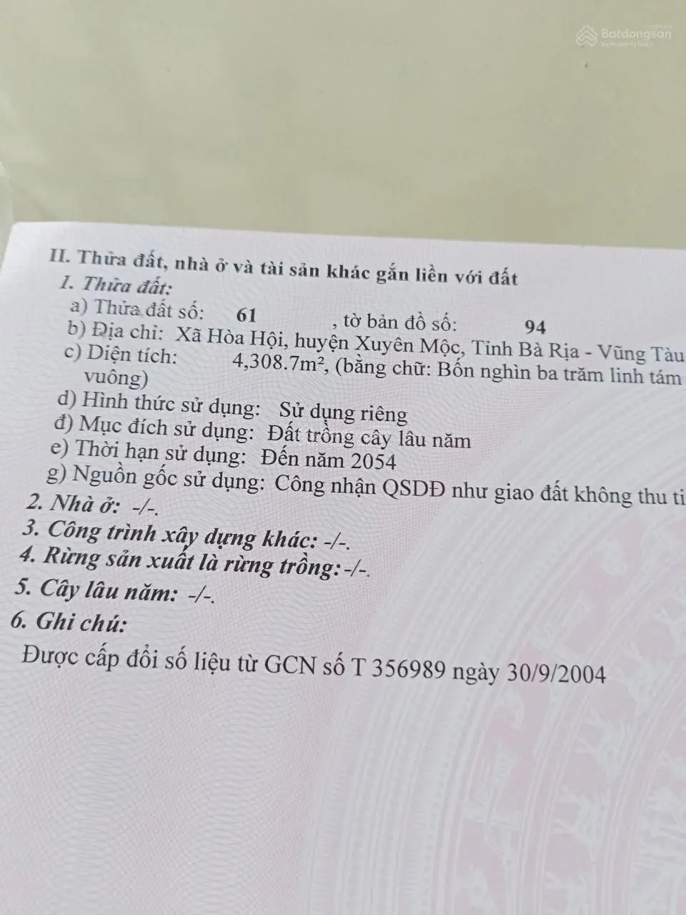 Chính chủ bán lô đất phủ hồng 2 mặt tiền - Xã Hoà Hội - Xuyên Mộc - Tách được 8 nền nhỏ