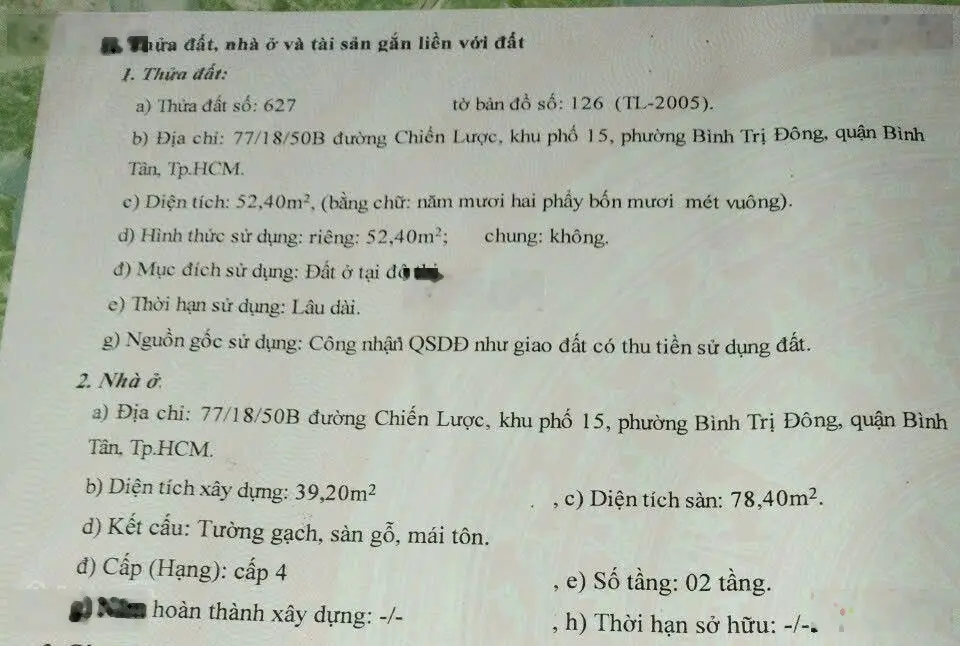 Bán Nhà Riêng 77/18/ Chiến Lược, Bình Tân - 3.5 tỷ, 52,4m2, 1 trệt 1 lầu, nhà cũ tiện xây mới