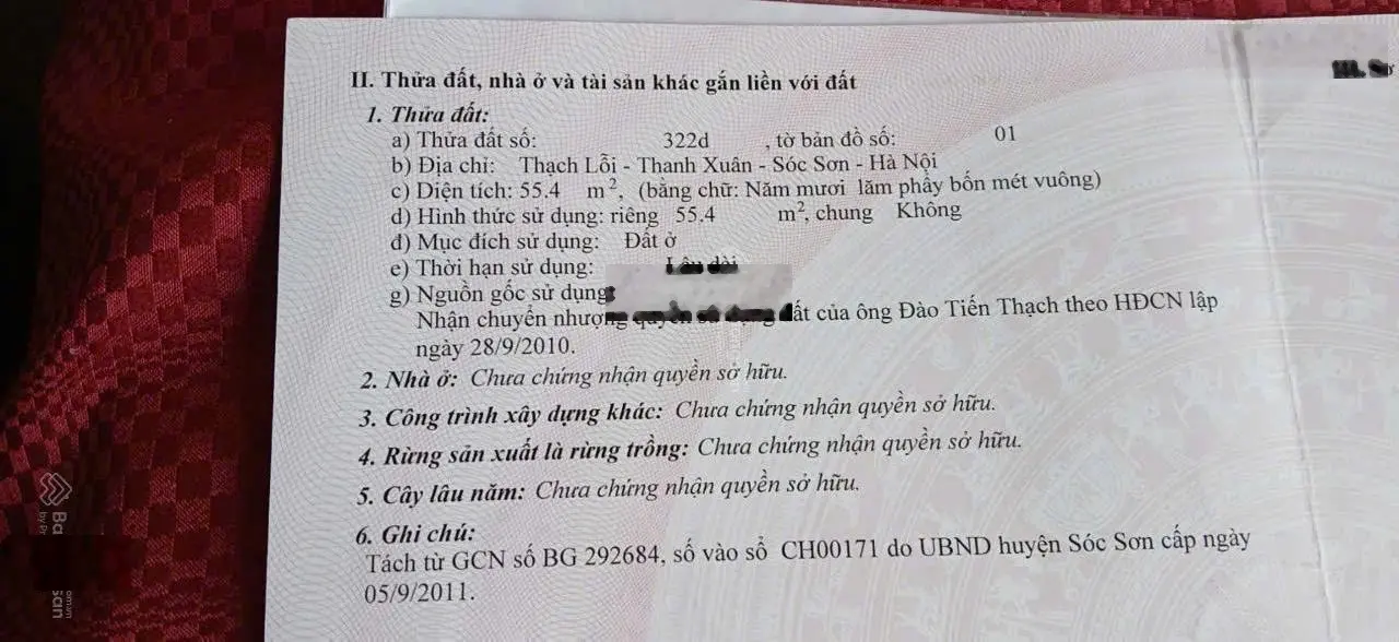 Bán 55,4m2 full thổ cư Thạch Lỗi Thanh Xuân cạnh sân bay Nội Bài, giá 1 tỷ 9. Đất bìa làng