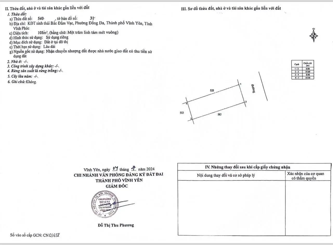 Chính chủ cần bán gấp lô đất LK KĐT sinh thái Bắc Đầm Vạc, DT 108m2 đã có sổ đỏ 35tr/m2 0988 296 ***