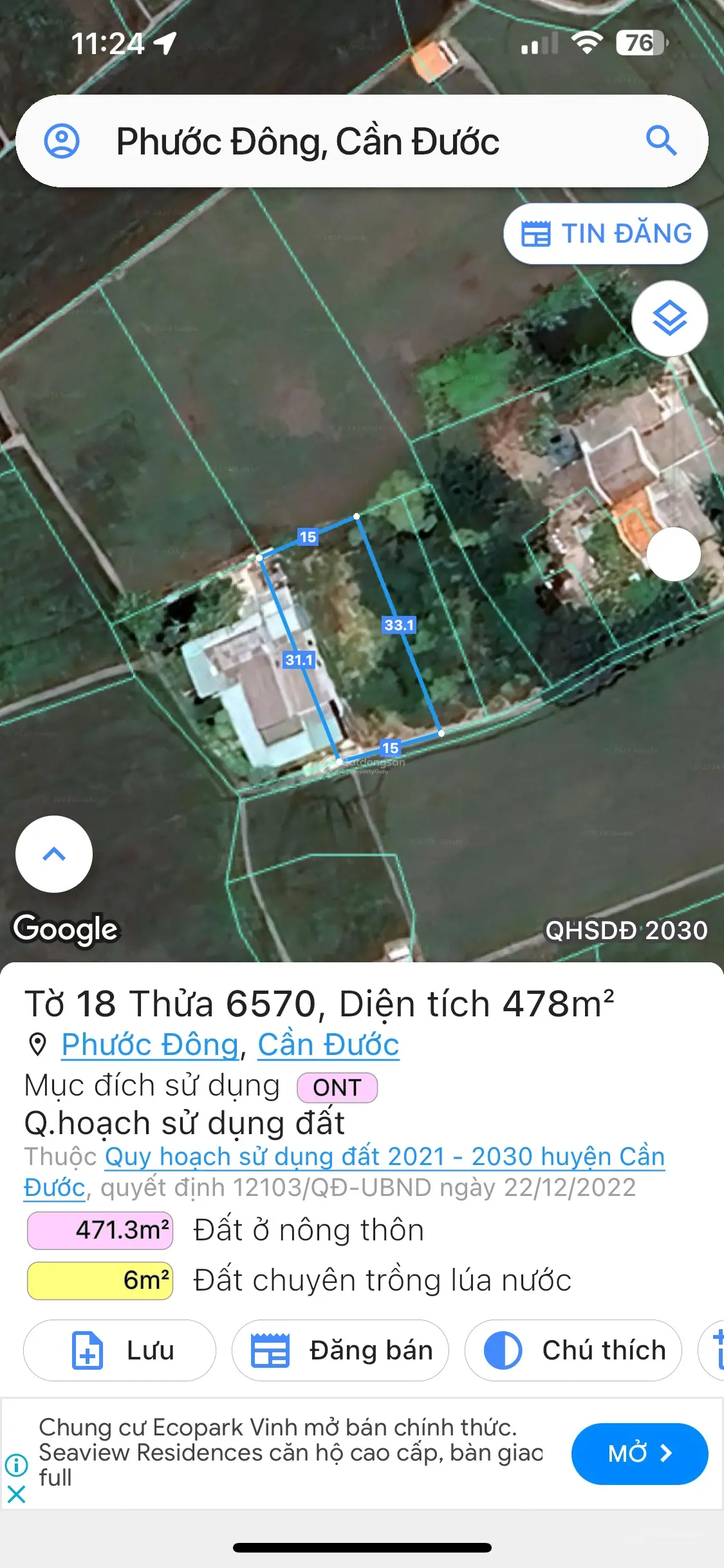 478m2 thổ cư (15x33) giá rẻ Phước Đông 920 triệu