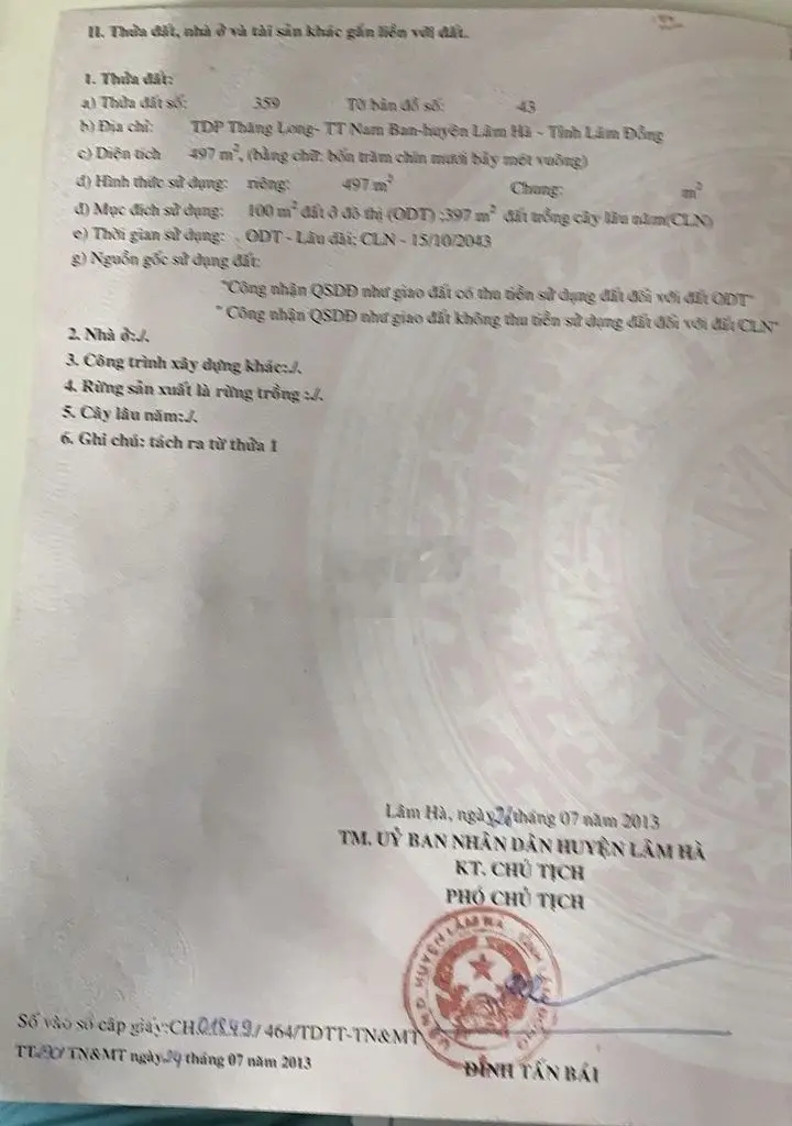 Bán thửa đất chính chủ tại Lâm Hà, Nam Ban. DT: 497m². ODT 300m².