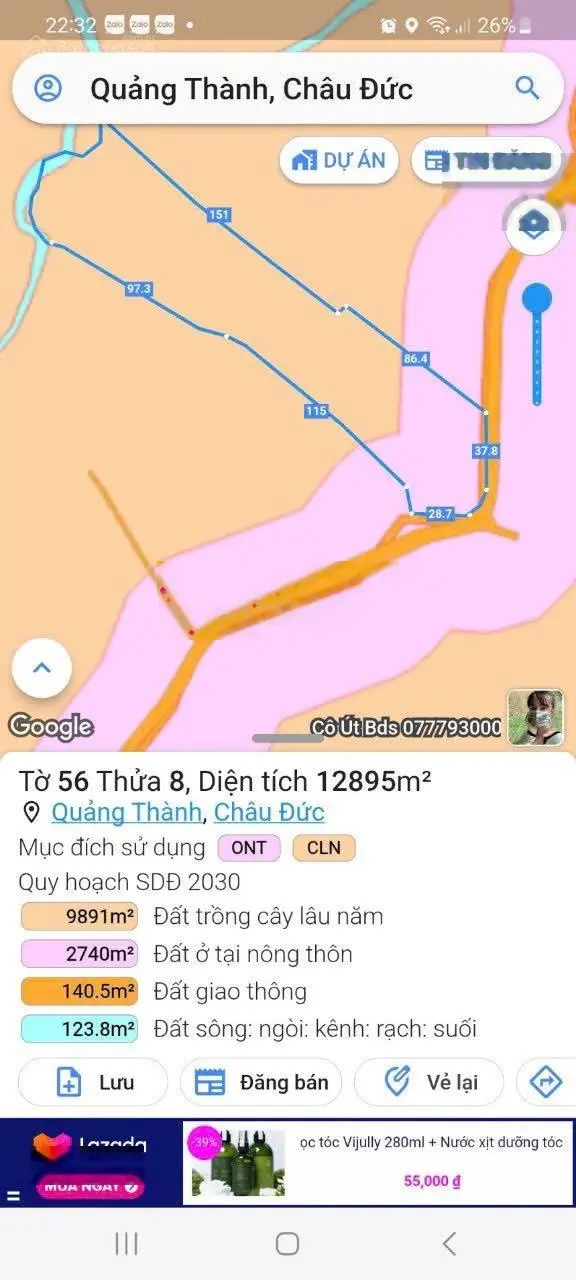 Bán đất Quảng Thành, Châu Đức, BRVT 12.985m2 (1ha3), có 300 thổ cư, 66m mặt tiền nhựa