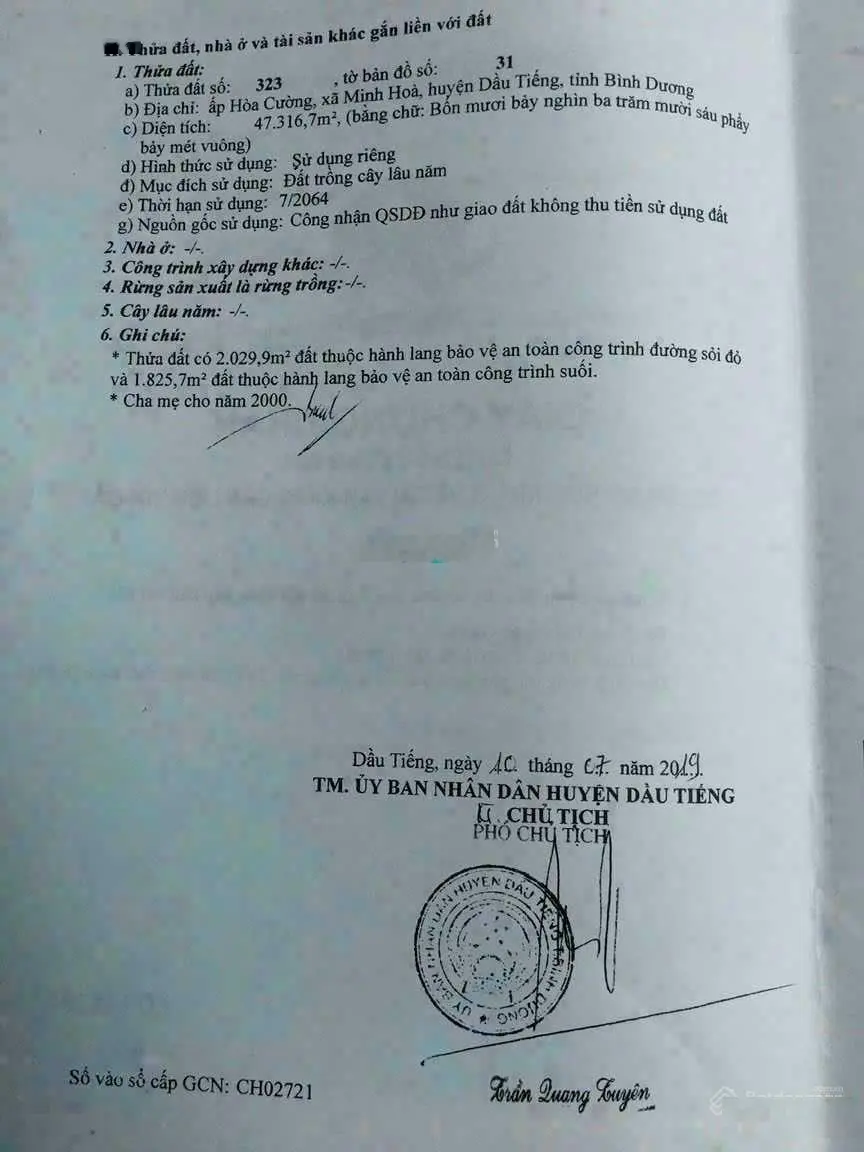 Lô gốc Minh Hòa Dầu Tiếng Bình Dương. Diện tích : 47.316m2 đất bằng phẳng giáp suối