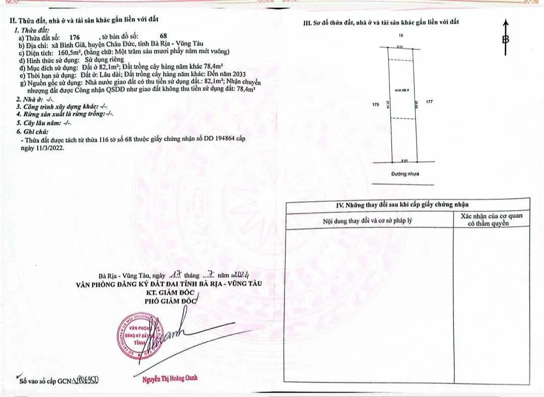 Chủ gửi bán 160.5m2 ngang 6m dài 27m có 82m2 TC đường nhựa gần cty Cao Phát, giá 790tr