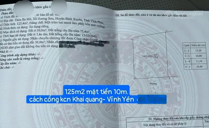 Mặt tiền 10m cách công ty Amo KCN Khai Quang 100m