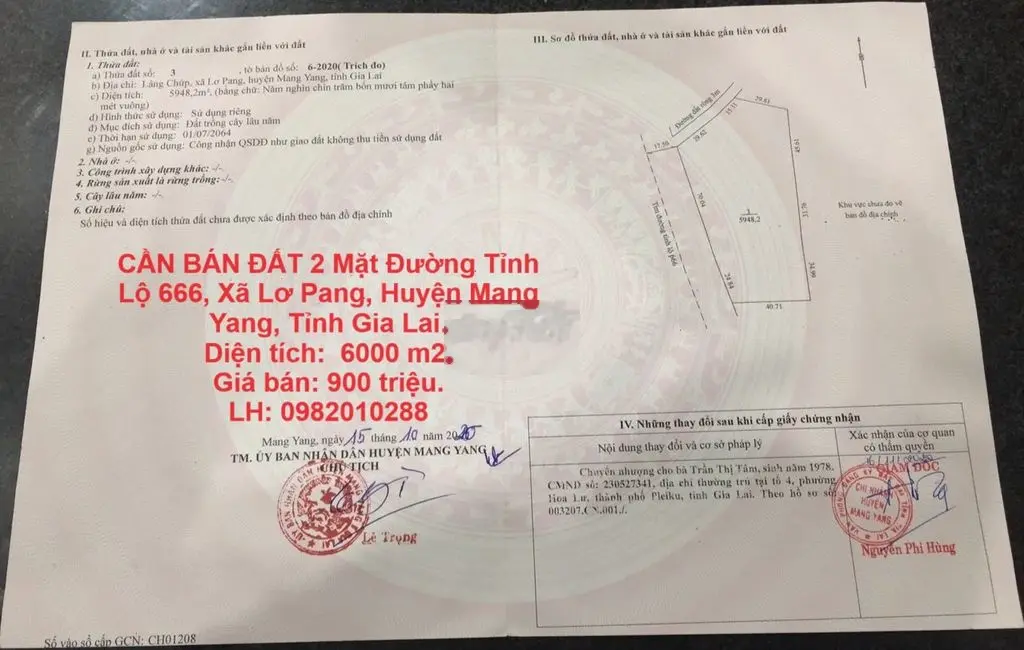 ĐẤT 2 Mặt Đường Tỉnh Lộ 666, Xã Lơ Pang, Huyện Mang Yang, Tỉnh Gia Lai