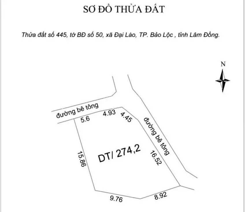 Bán lô đất 2 MT đường 49 xã Đại Lào - Bảo Lộc, diện tích 283m2 đã lên 120m2 thổ cư giá 1 tỷ 490tr