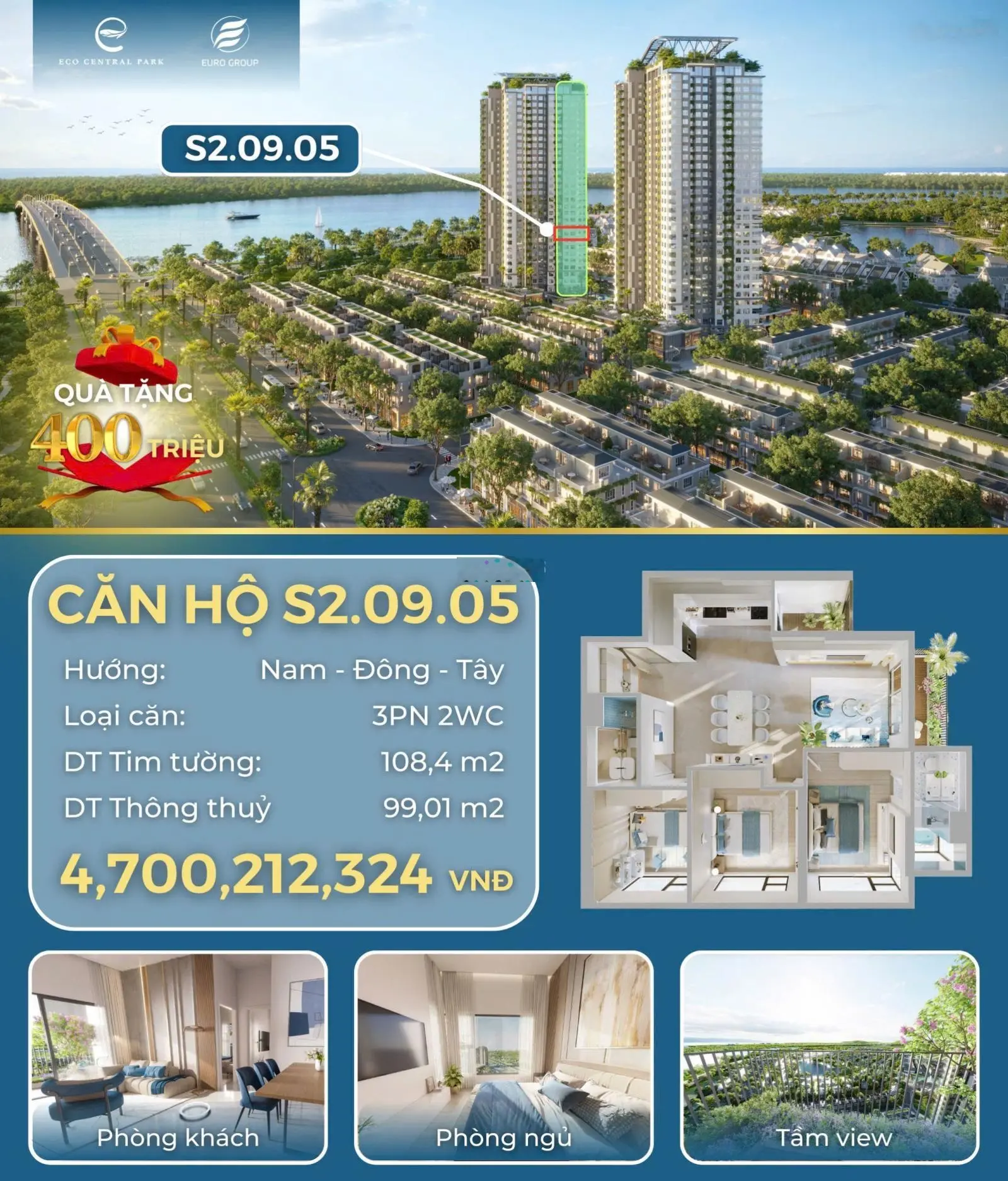 Quỹ căn hộ 3PN chung cư Ecopark Vinh - Chung cư Seaview Residences - Nhận nhà trọn gói chỉ 4,x tỉ