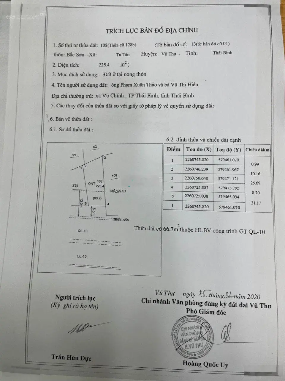 Bán 410m2 đất mặt đường QL10A địa phận xã Tự Tân - Vũ Thư - Thái Bình