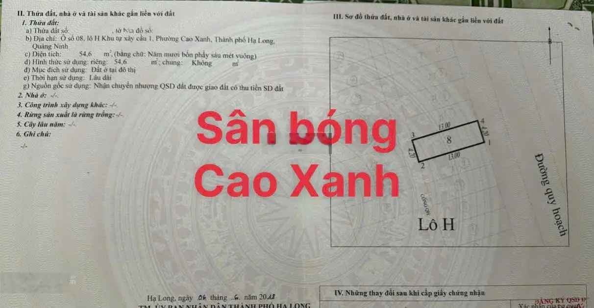 Bán đất nền cao xanh hạ long giá siêu hời chỉ 3,8 tỷ vnd 54,6m2