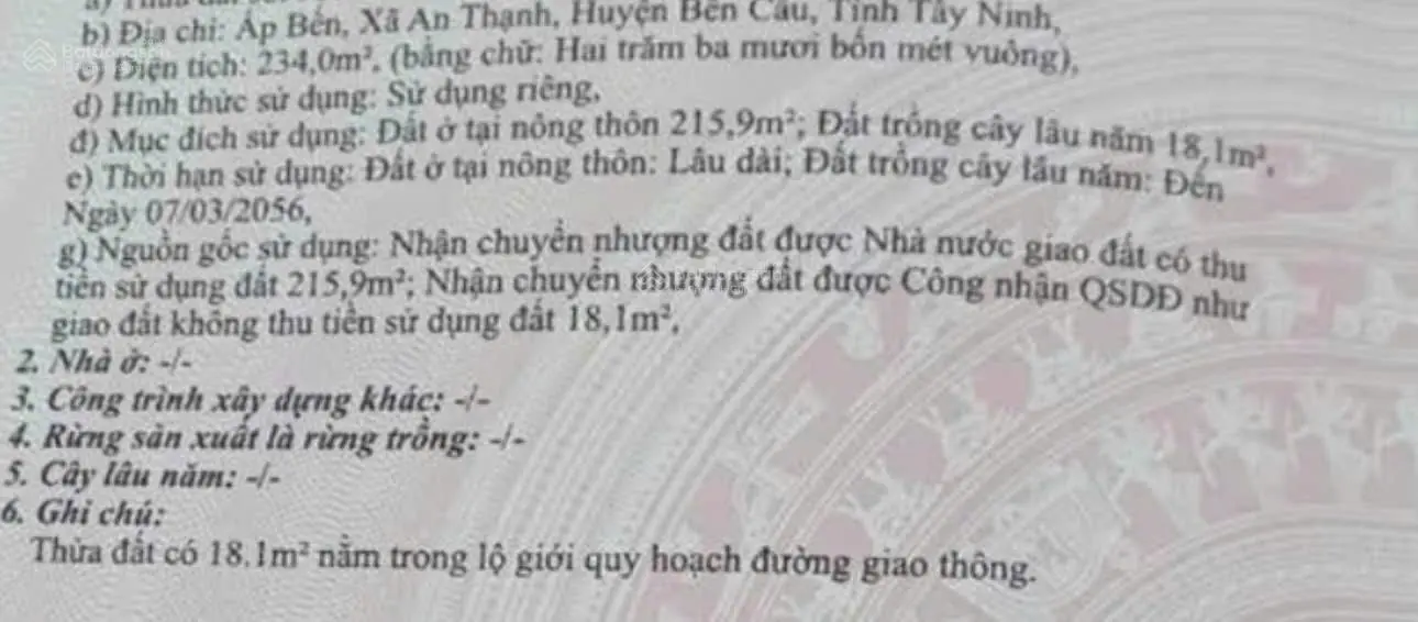 Chính chủ bán 234m2 đất thổ cư, nở hậu An Thạnh, Bến Cầu hợp chủ làm ăn sinh sống lâu dài