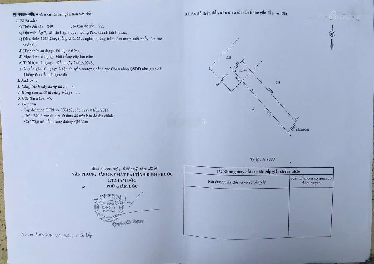 Bán đất nền biệt thư view hồ Suối Giai, thửa 349, TBĐ số 22, ấp 7 ,Tân Lập, Đồng Phú, BP