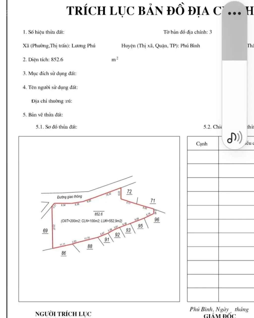 Chính chủ bán lô đất gần đường Vành Đai V tại xã Lương Phú huyện diện tích 852 m2 (200m2 ONT)