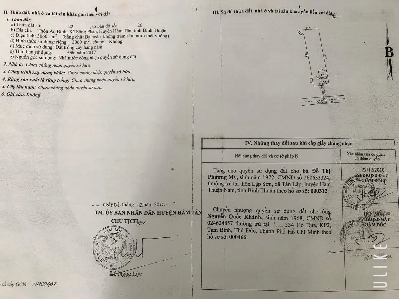 Cần bán đất mặt tiền QL1A , xã Sông Phan , huyện Hàm Tân , DT 11500 m2 QH đất ONT giá 12 tỷ lệ