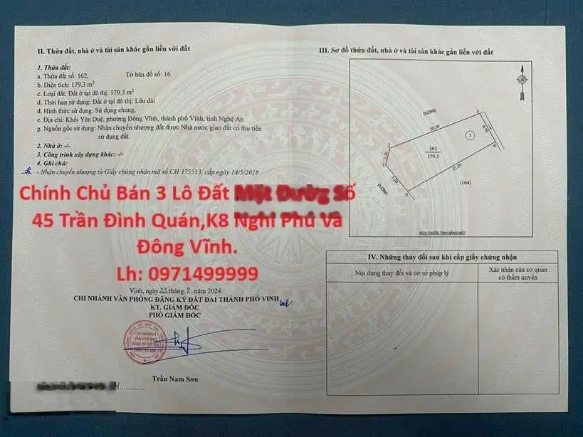 Chính Chủ Bán 3 Lô Đất Mặt Đườg Số 45 Trần Đình Quán,K8 Nghi Phú Và Đông Vĩnh.