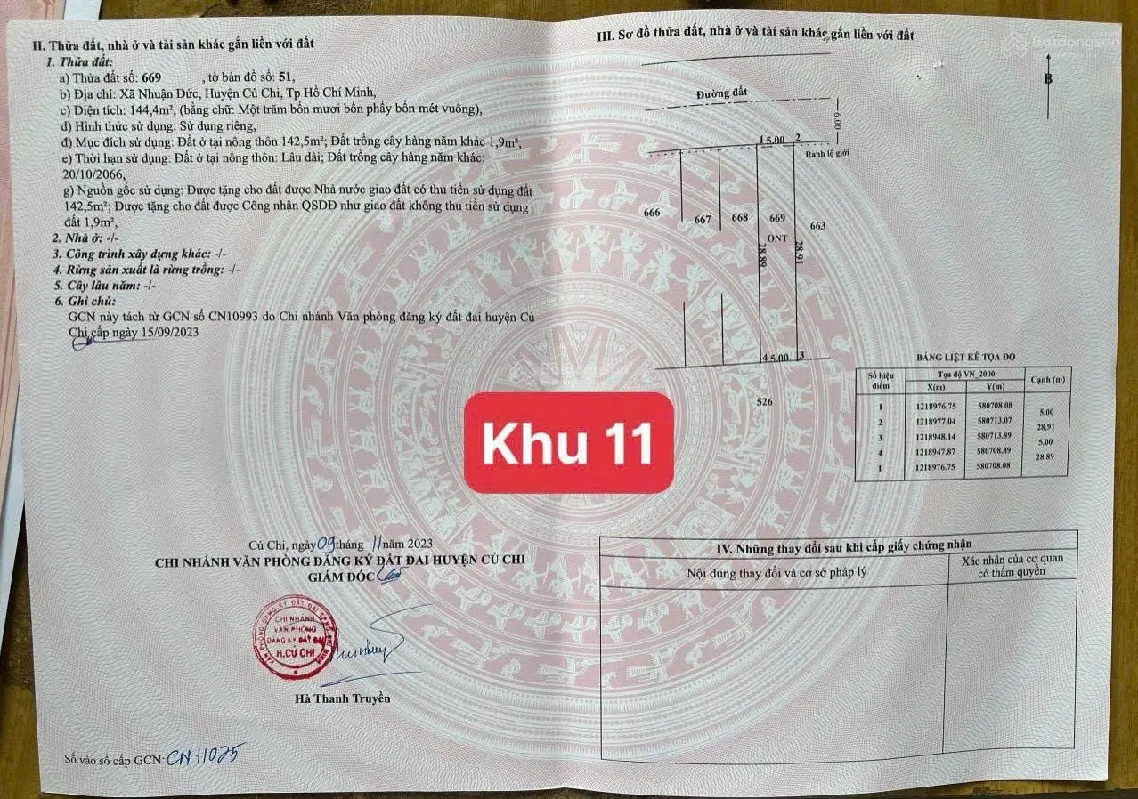 Chính chủ cần bán nhanh lô đất MT đường 354, sát đường Nhuận Đức - xã Nhuận Đức - Củ Chi