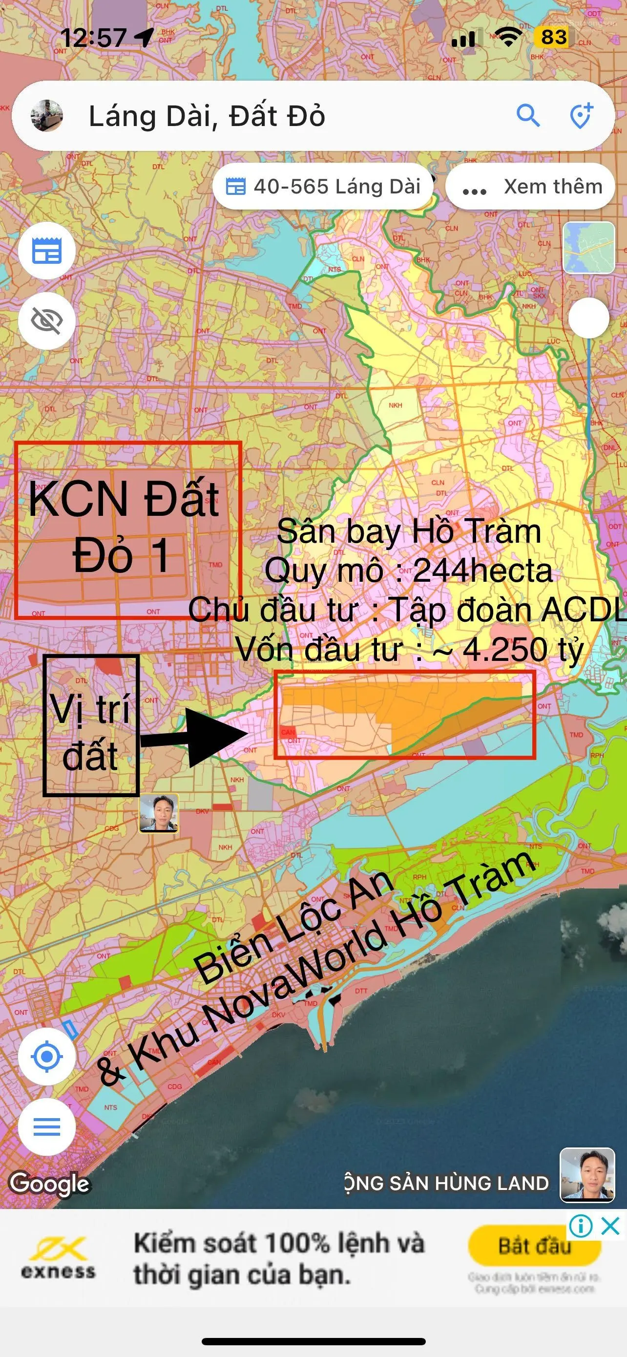 Bán gấp 445m2 thổ cư 100m2. Đối diện sân bay Lộc An Hồ Tràm. Ra biển Lộc An 3km. Giá chỉ: 3.5tr/m2