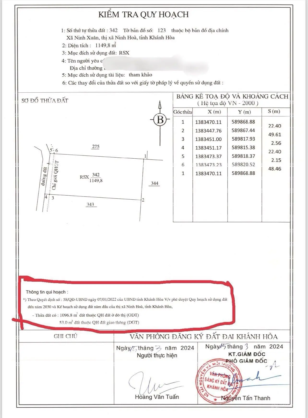 Bán đất thôn Vân Thạch, xã Ninh Xuân, Ninh Hoà, Khánh Hoà. Dt: 1149m2. Sổ hồng thổ cư. Giá 2,6tỷ TL