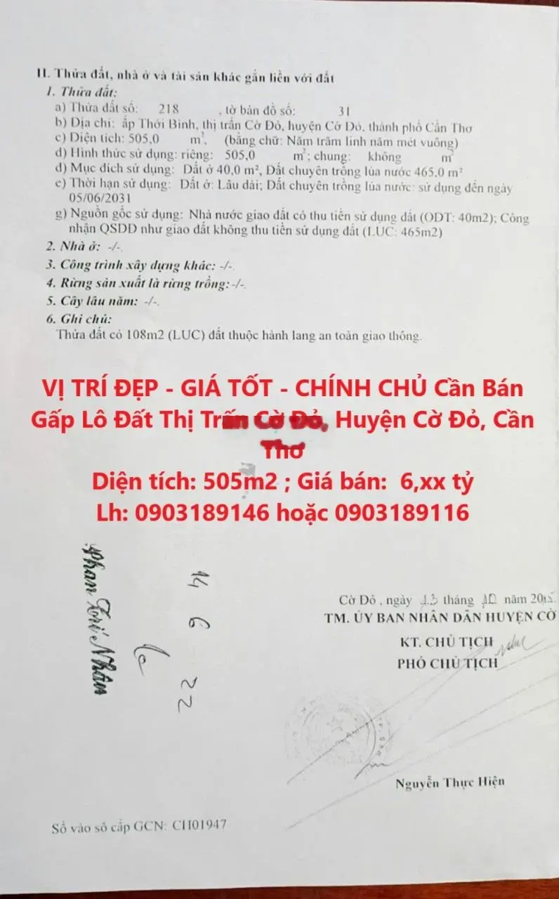 VỊ TRÍ ĐẸP - GIÁ TỐT - CHÍNH CHỦ Cần Bán Gấp Lô Đất Thị Trấn Cờ Đỏ, Huyện Cờ Đỏ, Cần Thơ