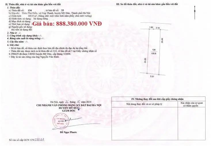 Chỉ 8,38tr/m2 sở hữu ngay lô đất full thổ cư gần quy hoạch đường vành đai 5 tại Mỹ Đức, Hà Nội.