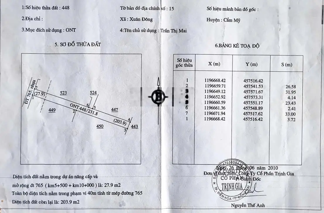 Bán nhà riêng mặt tiền DT 765 không tranh chấp, Xã Xuân Đông, Cẩm Mỹ. Chính chủ