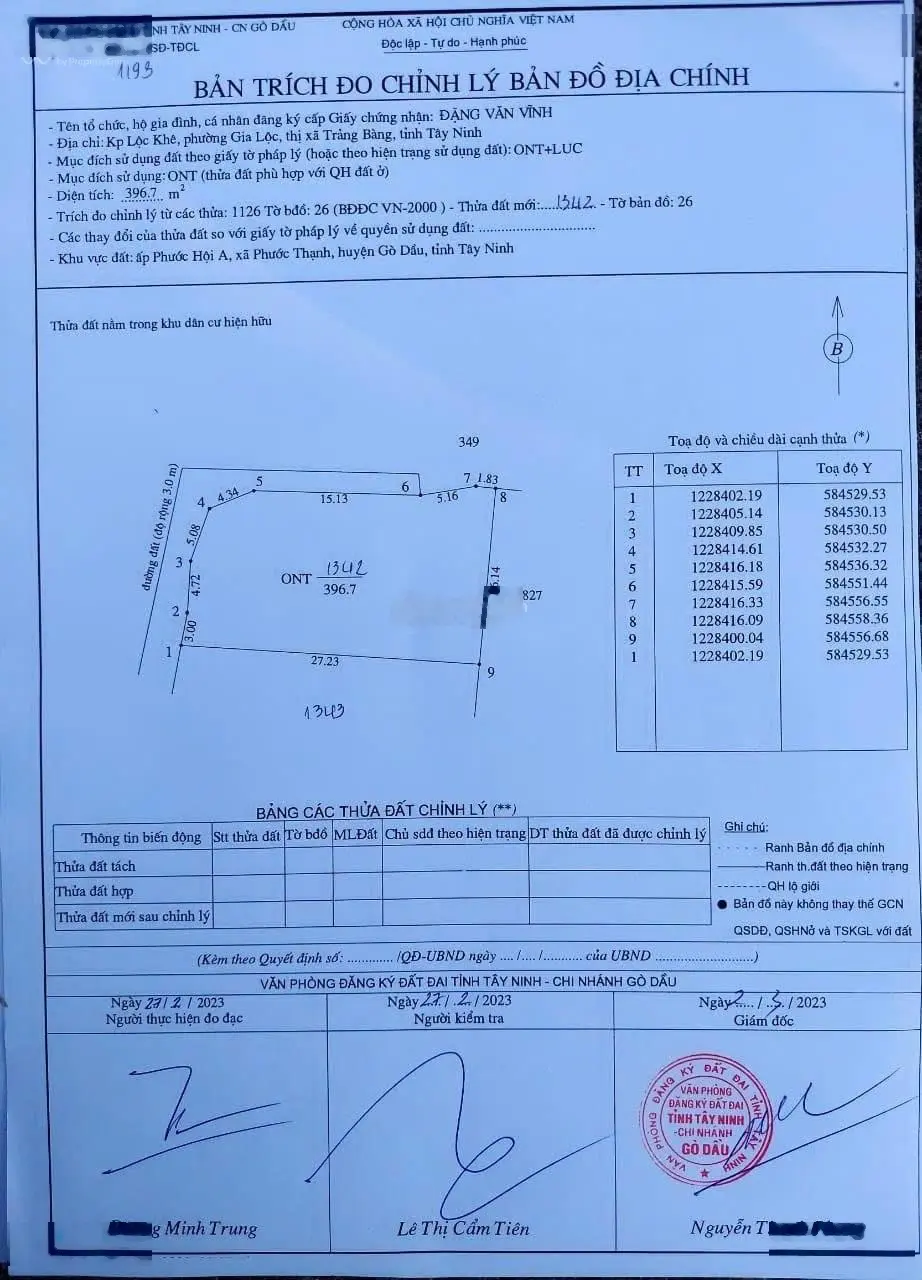 Cần bán lô đất góc 2 mặt tiền đường Hương Lộ 2 thị xã Trảng Bàng 396m2 990 triệu (chính chủ)