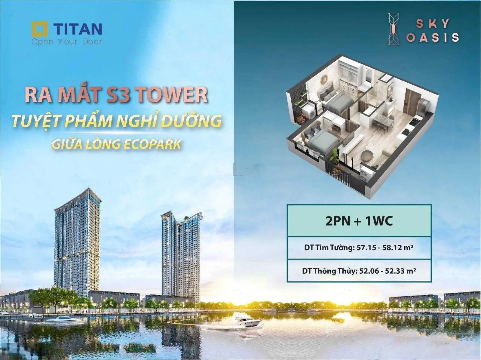 Bán căn 2PN 2WC Sky Oasis nhà full nội thất đẹp, view hồ giá bán 2,96 tỷ bao phí, LH 0948014568