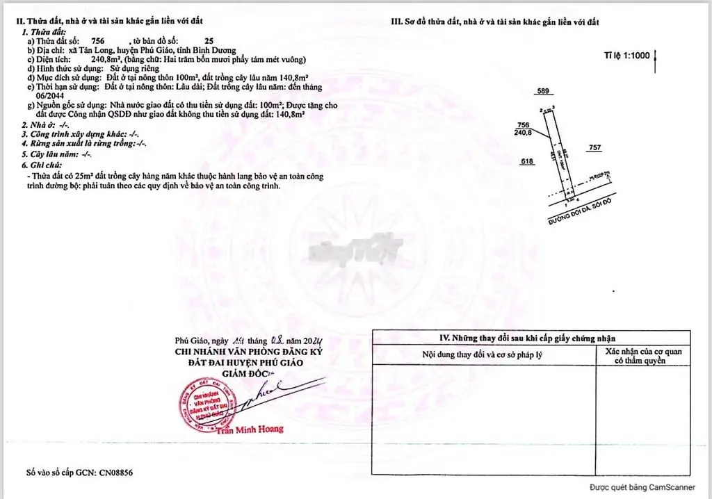 Đất mặt tiền nhựa 8 mét thông ra UBND xã tổng 250m2 Phú giáo