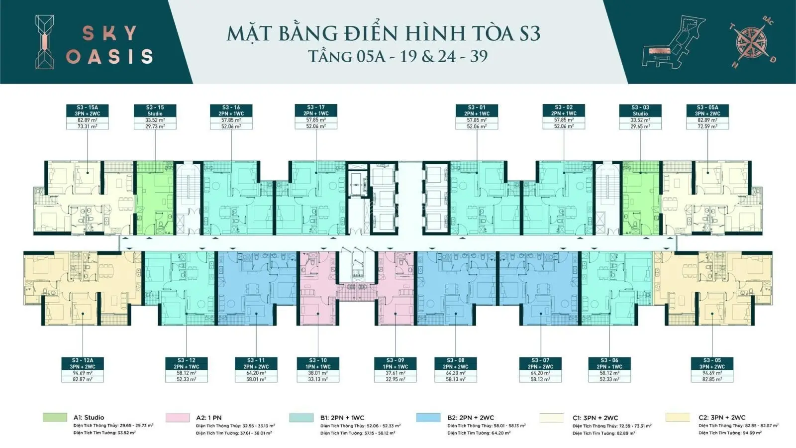 Bán CC 2PN, 2WC view đẹp tại Chung cư Sky Oasis, hướng Đông Nam, 2,85 tỷ