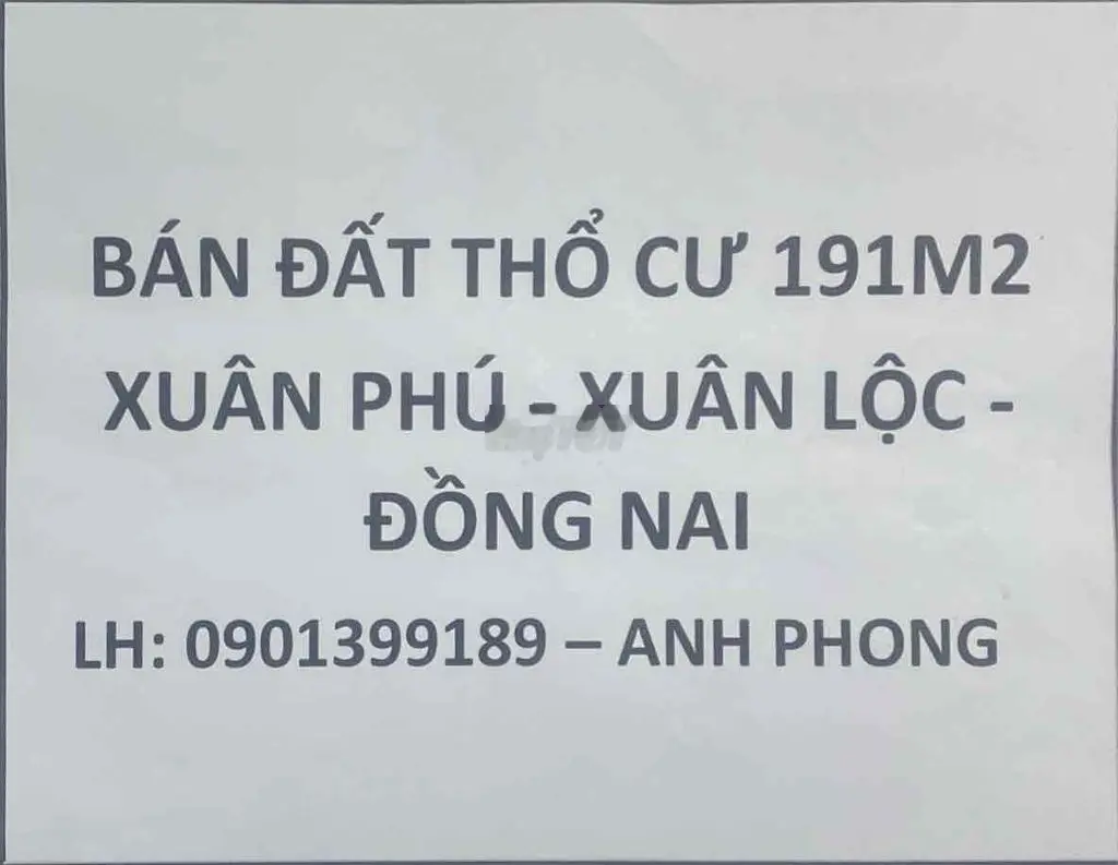 đất thổ cư 191m2 chính chủ