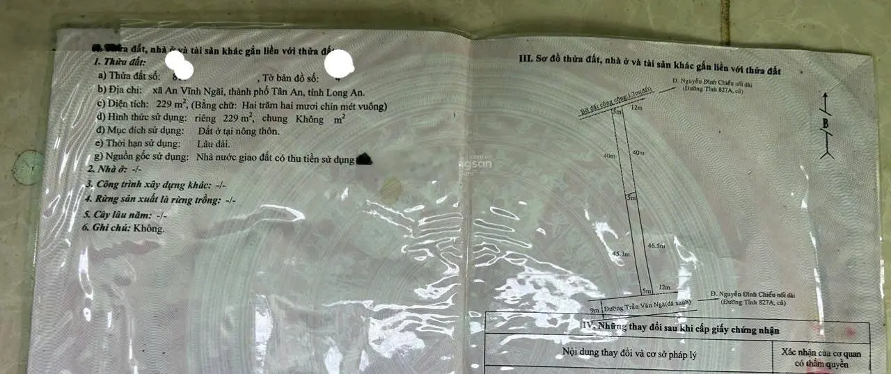 Bán nhà cấp 4 ở mặt tiền đường Trần Văn Ngà thuộc xã An Vĩnh Ngãi, TP Tân An_ DT : 5 x 45m2 đất thổ