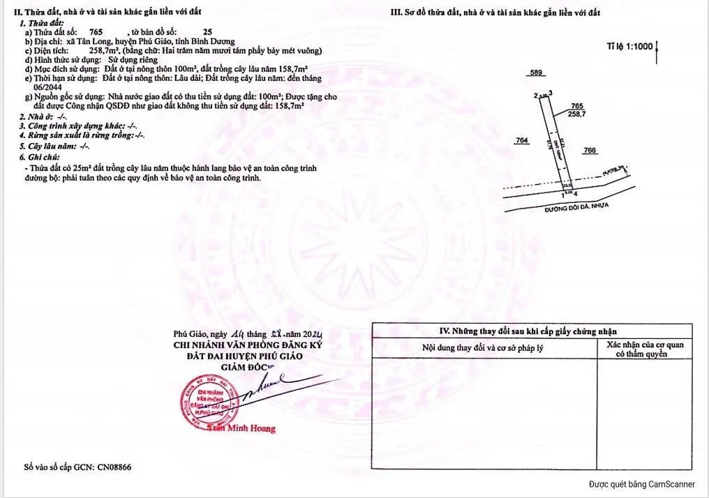 Mở bán đất nền F0 TTHC Tân Long Phú Giáo sổ sẵn giá 790 triệu 259m2 SHR công chứng ngay ĐT 750