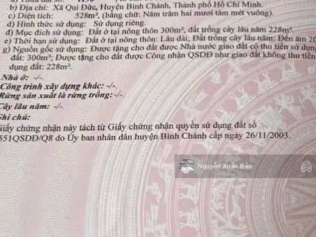 Chủ cần bán 528m2 có 300 thổ cư mặt tiền đường Đoàn Nguyễn Tuấn, gần trường THCS Qui Đức giá 10,5tỷ