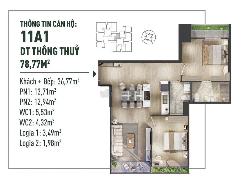 Căn hộ 2PN - Mã 11A1 - Dự án The Fibonan