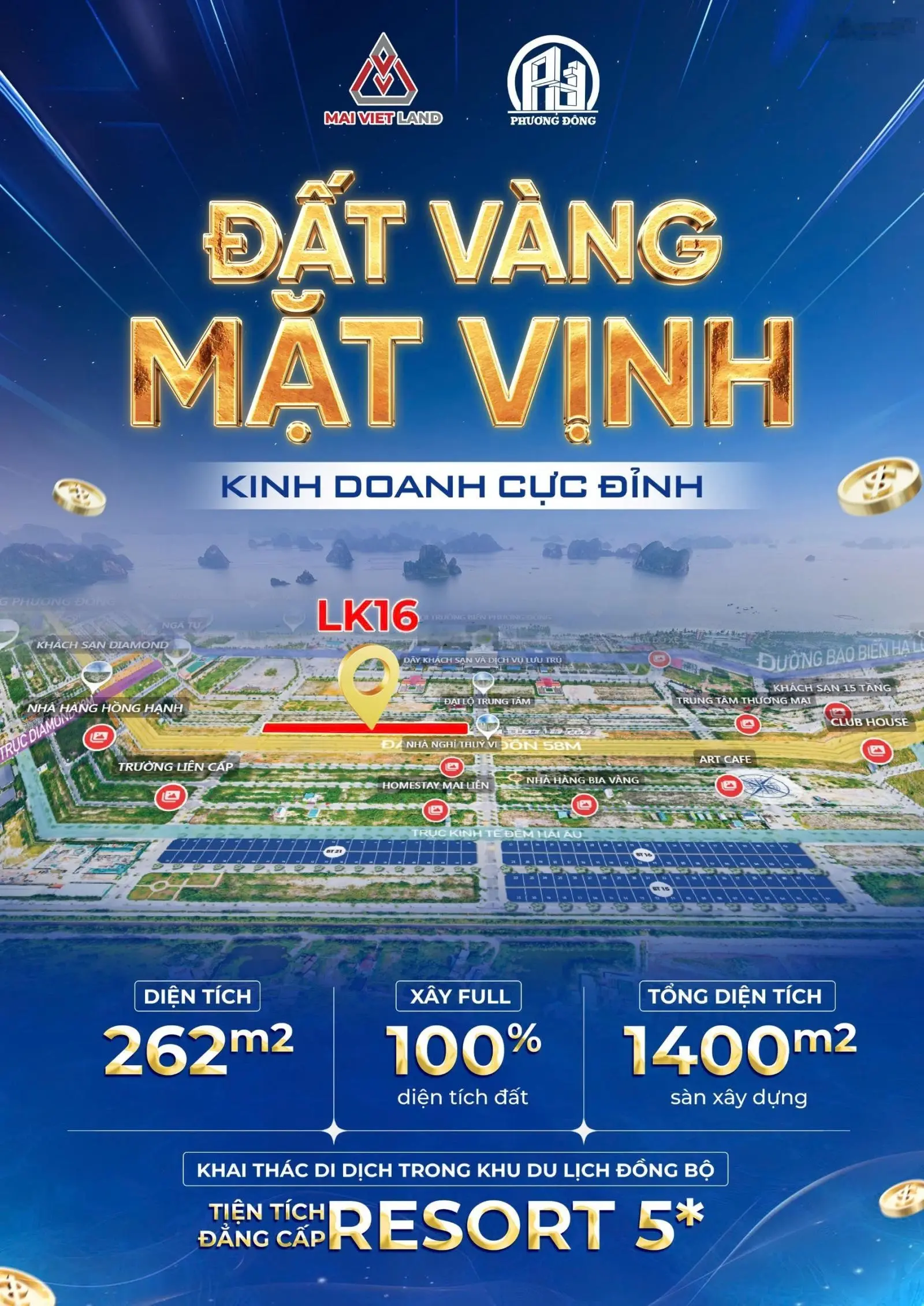 Đất lền ven biển sổ đỏ lâu dài DT 262m2 tại dự án Phương Đông Vân Đồn Quảng Ninh