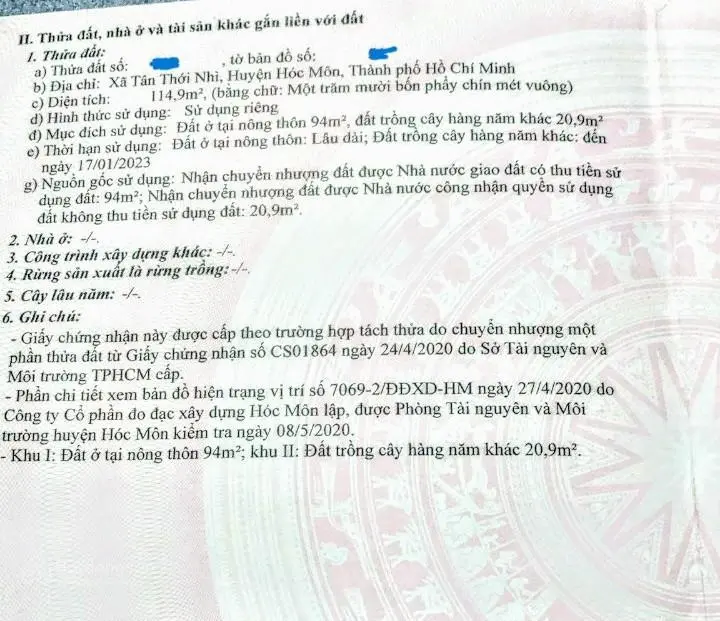 Định cư nước ngoài bán lô 114.9m2 mặt tiền đường Tân Thới Nhì 10, Hóc Môn, sổ hồng