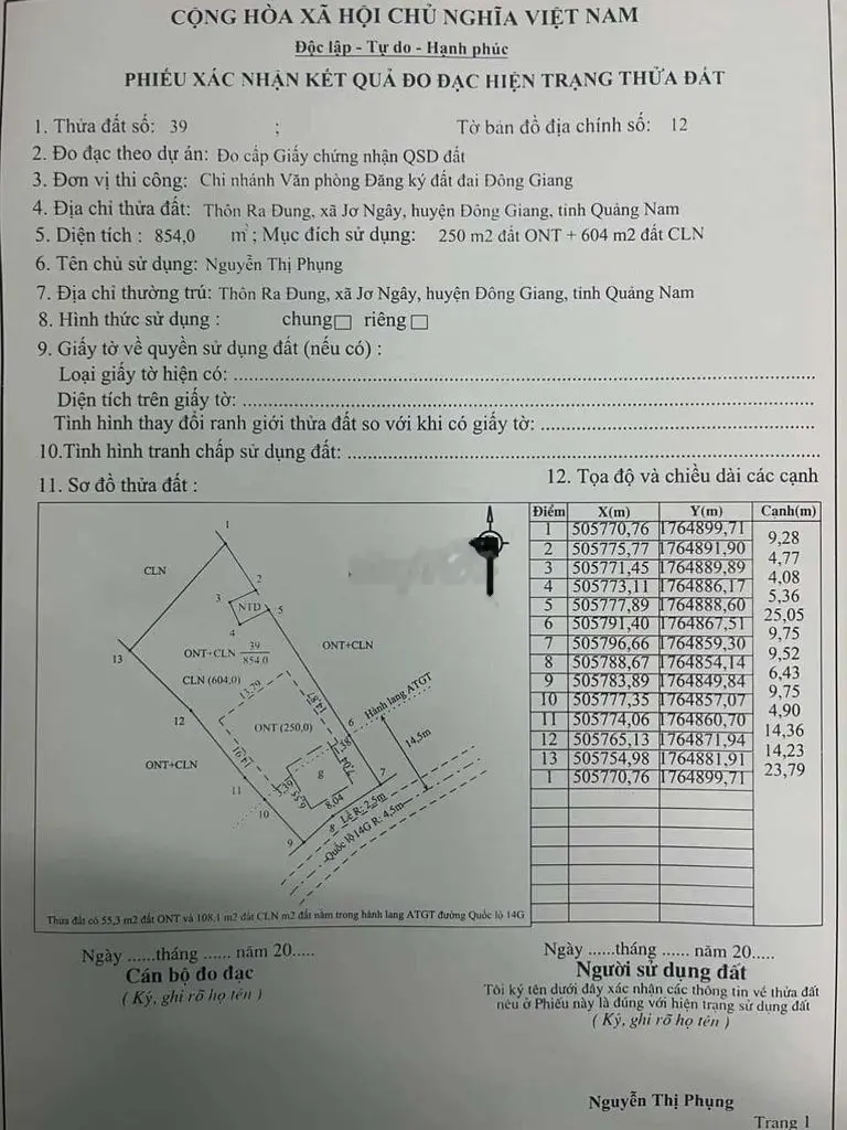 chính chủ cần tiền gấp bán lô đất mt ql 14g mặt tiền phân đc 3 lô.