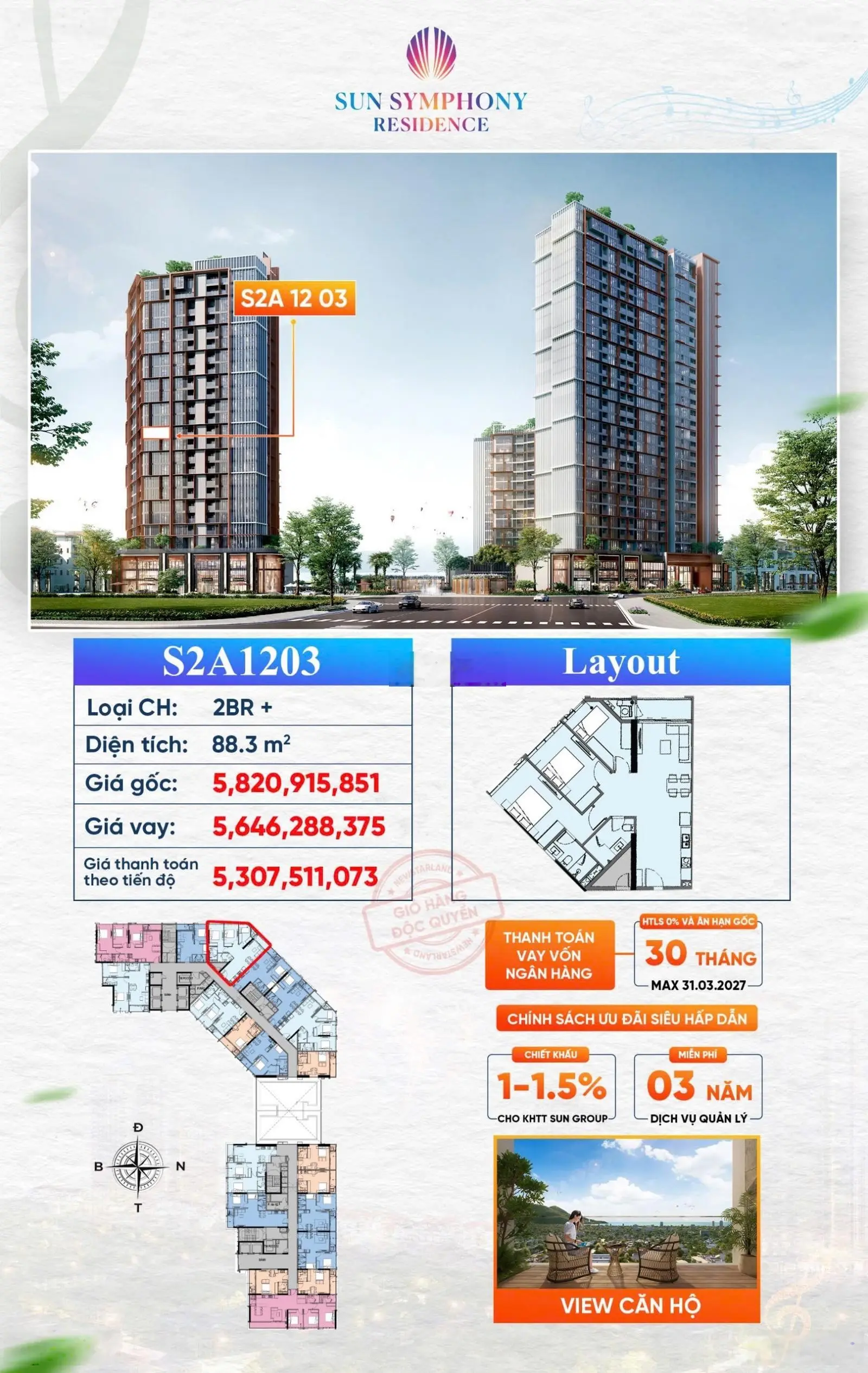 Căn Hộ 3 Phòng ngủ Giá tốt Nhất Dự án Chỉ 55 triệu/m2 tại Sun Symphony Residence