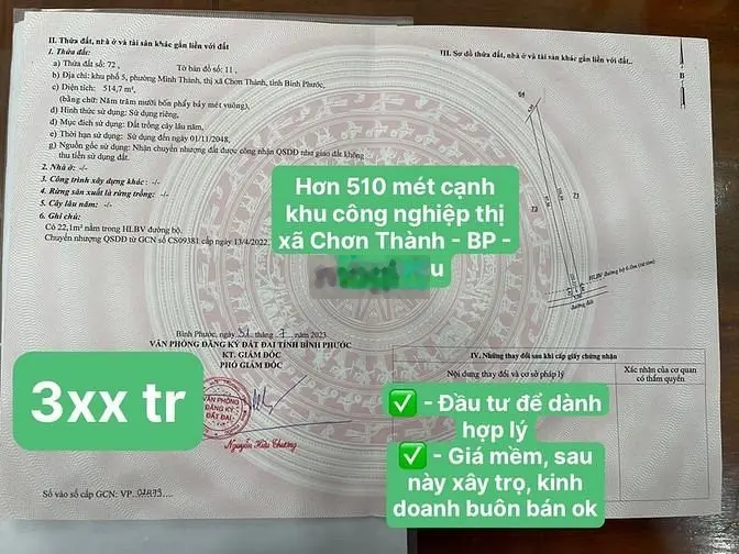 Bán Đất Sát Khu Công Nghiệp Becamex THỊ XÃ CHƠN THÀNH - BÌNH PHƯỚC 3XX