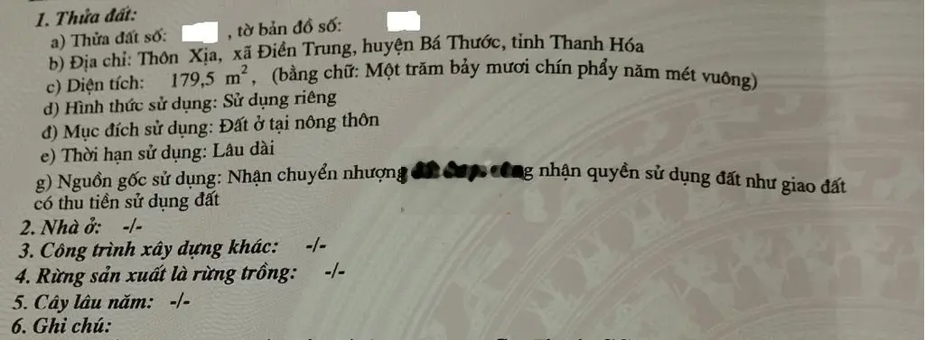 Đất thổ cư đã có sổ đỏ, mặt tiền quốc lộ 217 Huyện Bá Thước-Thanh Hóa